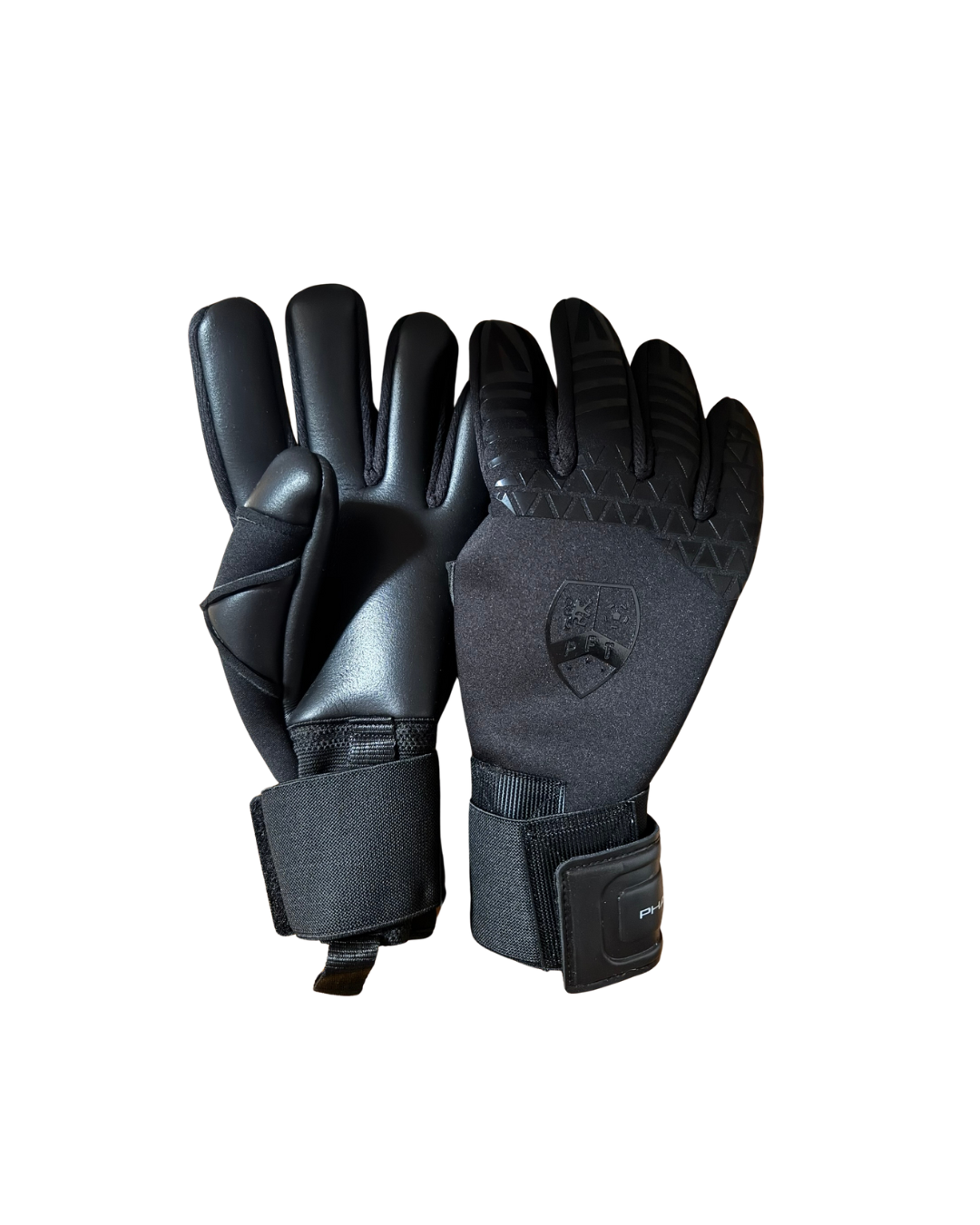 A pair of black Phantom goalkeeper gloves with a velcro strap and a logo on the backhand.
